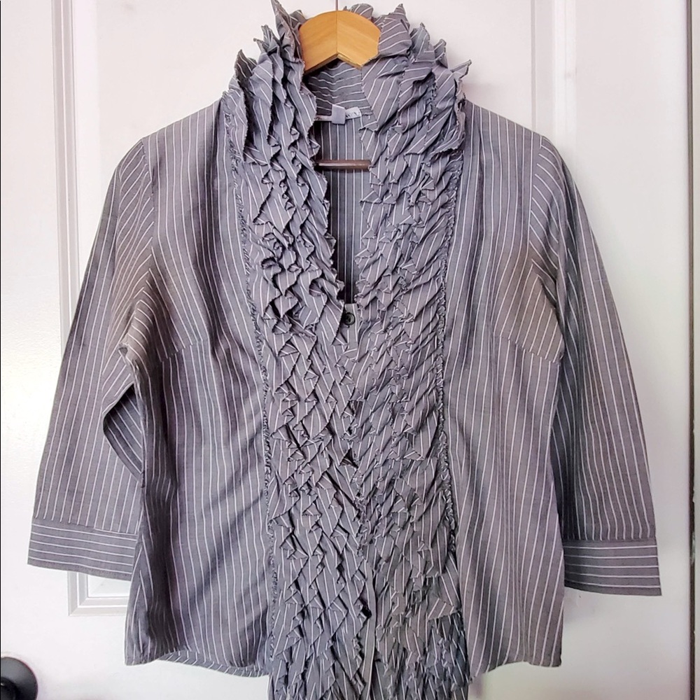 Ruffle pin striped button down blouse